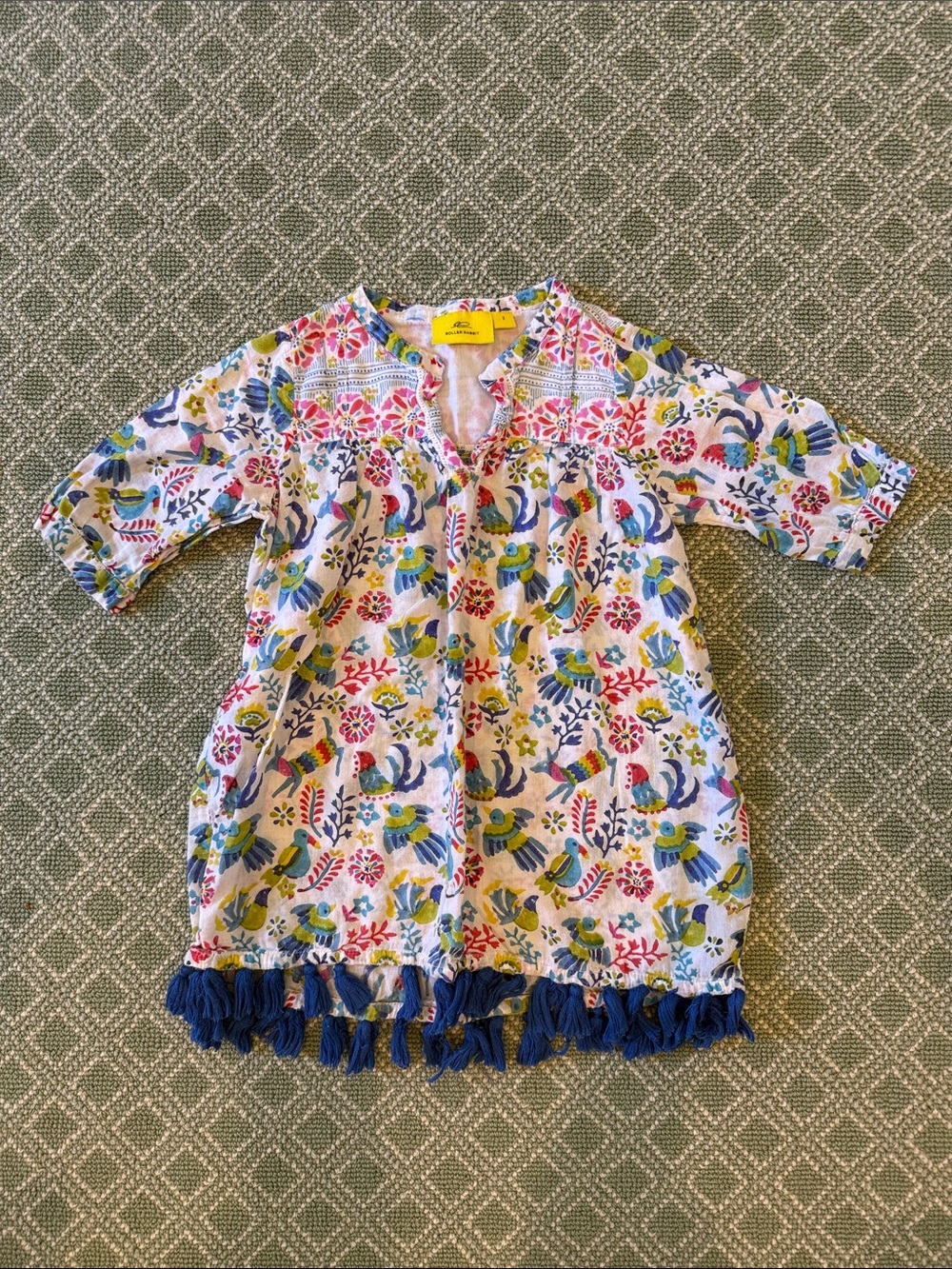 Roller Rabbit Girls White Tunic with Blue, Yellow & Pink Bird Print